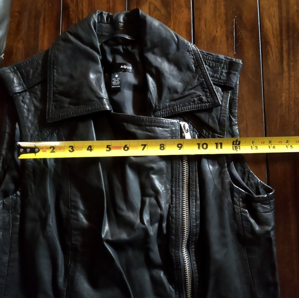 Aqua 100% Leather Black Moto Vest Asymmetrical Zipper Notched Lapel - Picture 7 of 10